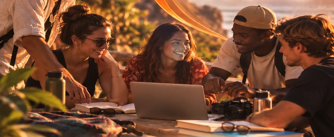 Estudiantes internacionales trabajando juntos al aire libre frente al mar en Bali