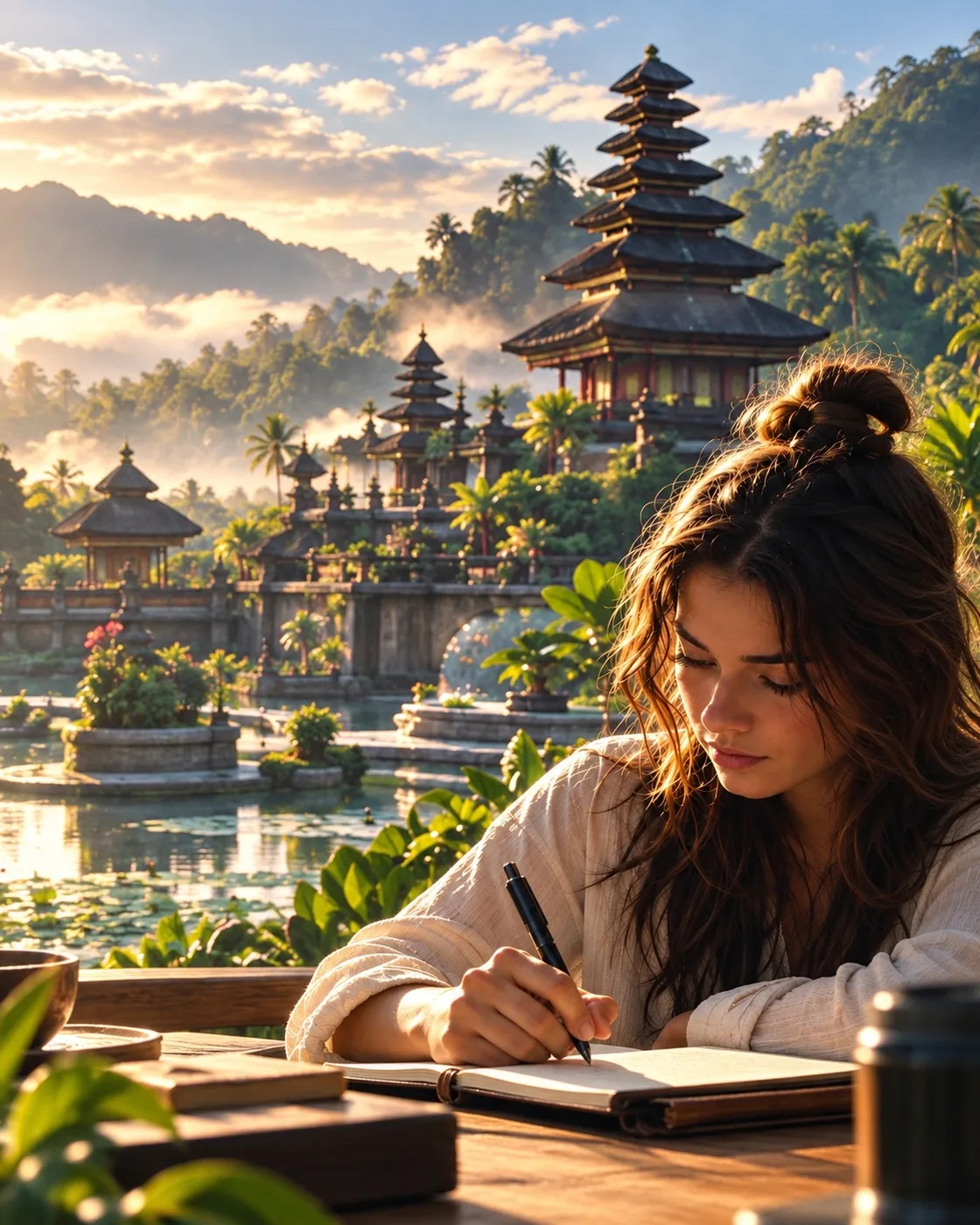 Estudiante escribiendo con un templo balinés al fondo