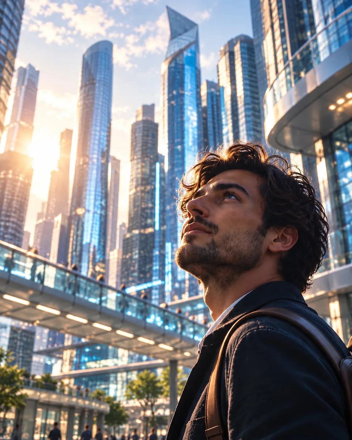 Joven mirando los rascacielos de una ciudad futurista