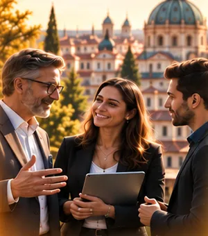 Profesionales conversando en una ciudad europea