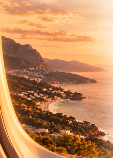 Costa al atardecer vista desde la ventanilla de un avión